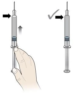 Diagrama que muestra dos jeringas verticales con flechas negras y una marca de verificación gris para indicar la correcta extracción del émbolo hacia arriba
