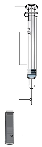 Dibujo técnico de una jeringa con aguja y un frasco de medicamento con líneas indicadoras para la preparación del fármaco