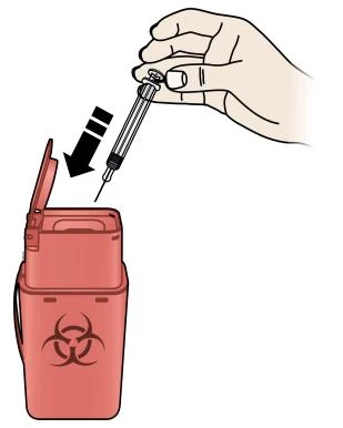 Una mano sostiene una jeringa y la inserta en un recipiente rojo para residuos biológicos marcado con el símbolo de riesgo biológico
