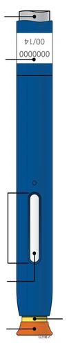 Diagrama técnico de un dispositivo médico en forma de pluma azul con ventanas de control blancas, indicadores numéricos y base naranja