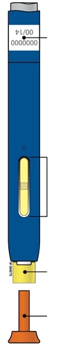 Dispositivo médico en forma de pluma azul con ventana central amarilla, indicador numérico superior y punta amarilla con aplicador naranja en la base
