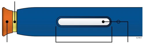 Diagrama técnico de un dispositivo médico azul con extremo naranja y amarillo y una ventana de control central blanca con indicadores