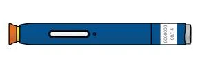 Dispositivo médico en forma de pluma azul con ventana de control blanca, un pequeño orificio circular y un