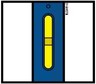 Diagrama vertical de un recipiente azul con una ventana ovalada que muestra un líquido amarillo con una línea de demarcación central