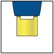 Dibujo estilizado de un componente superior azul conectado a una base rectangular amarilla sobre fondo blanco