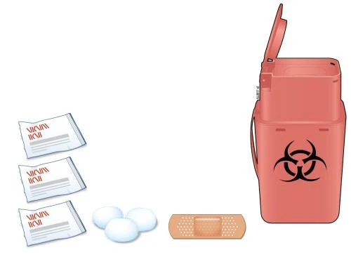 Tres sobres blancos con letras rojas, tres pastillas blancas redondas, una tirita de color piel y un recipiente rojo con símbolo de riesgo biológico