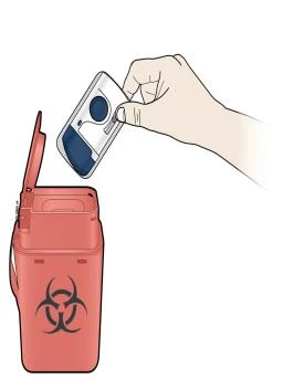 Una mano levanta la tapa de un recipiente rojo para residuos biológicos marcado con el símbolo de riesgo biológico negro