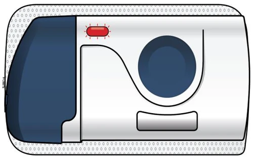 Dispositivo médico blanco con un indicador rojo luminoso arriba y un gran círculo azul oscuro a la derecha sobre fondo punteado