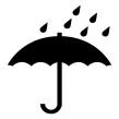 Icono negro de un paraguas abierto con gotas de lluvia cayendo sobre la cúpula sobre fondo blanco