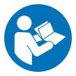 Icono circular azul con silueta blanca de una persona que lee atentamente un prospecto o un folleto abierto