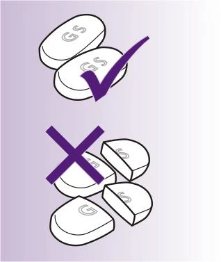 Drawing of two whole tablets with a purple checkmark above and three fragmented tablets with a large purple cross above