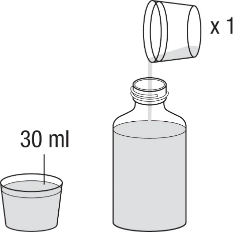 Dibujo técnico que muestra un frasco de 30 ml con un vaso lleno vertiendo líquido en el frasco y un segundo vaso lleno al lado
