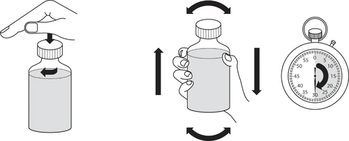 Diagrama que muestra tres pasos: girar la tapa de un frasquito, agitar el frasquito hacia arriba y abajo y medir el tiempo con un cronómetro