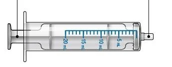 Rysunek techniczny przezroczystej strzykawki ze skalą mililitrową od 5 ml do 20 ml i szarym tłoczkiem wewnętrznym