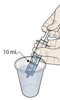 Ręka trzyma przezroczystą strzykawkę nad plastikowym kubkiem zawierającym płyn, z oznaczeniem 10 ml do wciągnięcia
