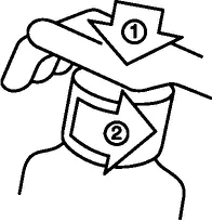 Dibujo esquemático que muestra una mano presionando hacia abajo con la flecha 1 y una flecha 2 que indica un movimiento rotatorio alrededor de la muñeca