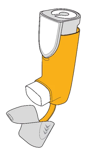 Dispositivo médico en forma de pluma con cuerpo naranja y componentes blancos que muestra la separación de una tapa inferior gris