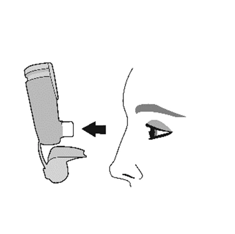 Dibujo esquemático de un inhalador colocado cerca de la nariz y la boca de un rostro para indicar la correcta introducción en la boca