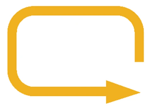 Icono amarillo compuesto por una línea gruesa con esquinas redondeadas que forma un rectángulo abierto y termina con una flecha dirigida hacia la derecha