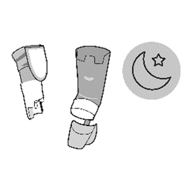 Dibujo estilizado de dos frascos de medicamento junto a un círculo que contiene una luna creciente y una pequeña estrella