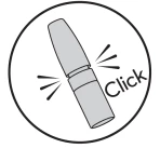 Stylizowany rysunek cylindrycznego urządzenia medycznego ustawionego ukośnie z napisem Click i liniami wskazującymi dźwięk lub ruch mechaniczny