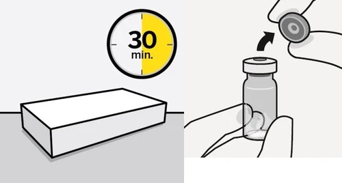 Ilustracja medyczna z timereem wskazującym 30 minut i rękami otwierającymi buteleczkę leku obok białego prostokątnego pudełka