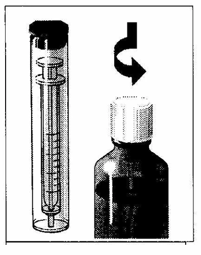 Diagram showing a syringe with needle next to a dark glass vial, with a curved arrow indicating the rotational movement of the cap