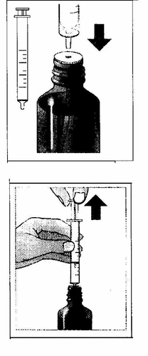 Medical diagram showing a syringe drawing liquid from a dark vial and the subsequent removal of the needle