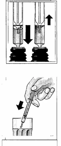 Medical diagram showing two syringes with directional arrows and a hand inserting a needle-equipped syringe into body tissue