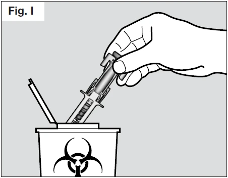 A hand holding a syringe inserting it into a biohazard waste container with the biohazard symbol on a gray background