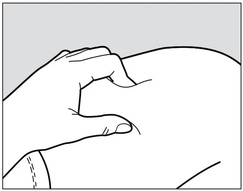 Line drawing of a hand pinching the skin of the body to prepare the subcutaneous injection site