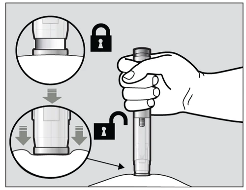 Technical drawing showing a hand pressing an injection pen against a surface, with lock and unlock symbols indicating the locking mechanism