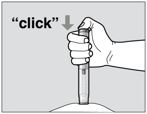 A hand pressing down on an injection pen with a gray arrow and the word 'click' indicating the