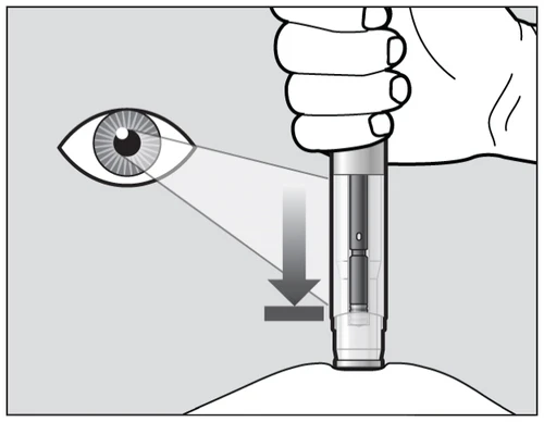 Schematic drawing showing a hand holding a medical device pointed toward the skin with a downward-pointing arrow indicating direction