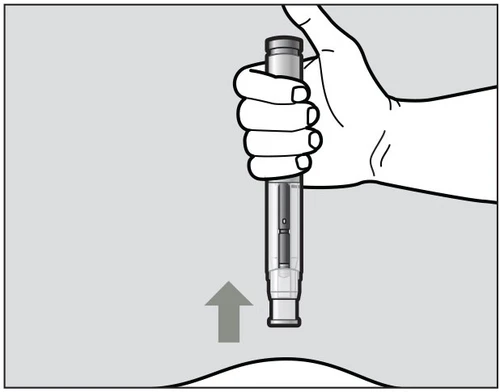 A hand holding vertically a pen-shaped medical device above a body area with a downward-pointing arrow indicating