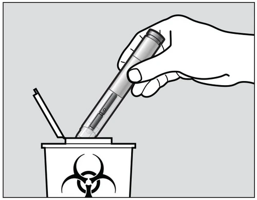 A hand holding an injection pen tilted to insert it into a biohazard waste container with a biohazard symbol