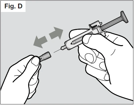 Two hands handling a syringe and a vial, with a double-headed arrow indicating the movement bringing the two objects together
