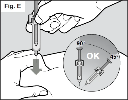 Technical drawing showing a hand holding a syringe for
