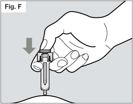 A hand holding an injection pen with a downward-pointing arrow indicating pressure of the device against the skin