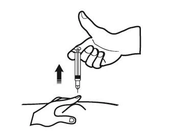 Dibujo en blanco y negro de una mano que sostiene una jeringa vertical sobre un dedo, con una flecha que indica el movimiento hacia la