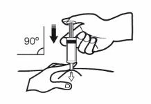 Dibujo técnico que muestra una mano que sostiene una jeringa para insertarla verticalmente a 90 grados en la piel con la