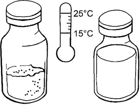 Disegno tecnico di due flaconi di medicinale con un termometro tra loro che indica una temperatura compresa tra 15 e 25 gradi Celsius