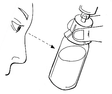 Disegno schematico che mostra il profilo di un volto con una freccia tratteggiata che punta verso un flacone di medicinale con liquido all'interno