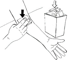 Disegno che mostra una mano che pulisce il braccio con una garza e una freccia che indica lo smaltimento di siringhe e flaconi in un contenitore