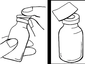 Disegno lineare che mostra due mani che tengono un flaconcino di vetro mentre si solleva il tappo protettivo superiore