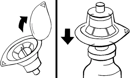 Disegno tecnico che mostra il sollevamento di un cappuccio protettivo da un flaconcino e la successiva pressione verso il basso sulla parte superiore