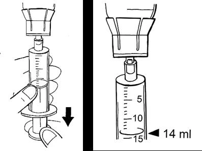 Disegno tecnico di una siringa con indicazioni millilitri e una freccia nera rivolta verso il basso accanto al corpo del cilindro