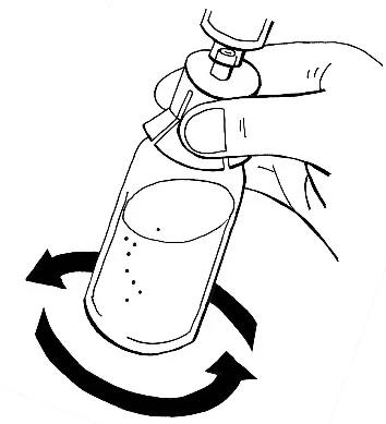Una mano tiene un flacon con liquido e due frecce curve indicano un movimento rotatorio per agitare il contenuto