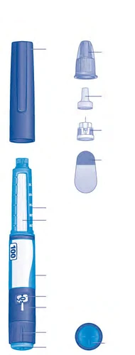 Diagrama despiegado de una pluma inyectora médica con componentes azules y blancos separados por líneas guía horizontales sobre fondo blanco