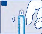 Una mano sostiene un dispositivo médico cilíndrico azul y blanco que emite señales sonoras o vibraciones indicadas por líneas curvas